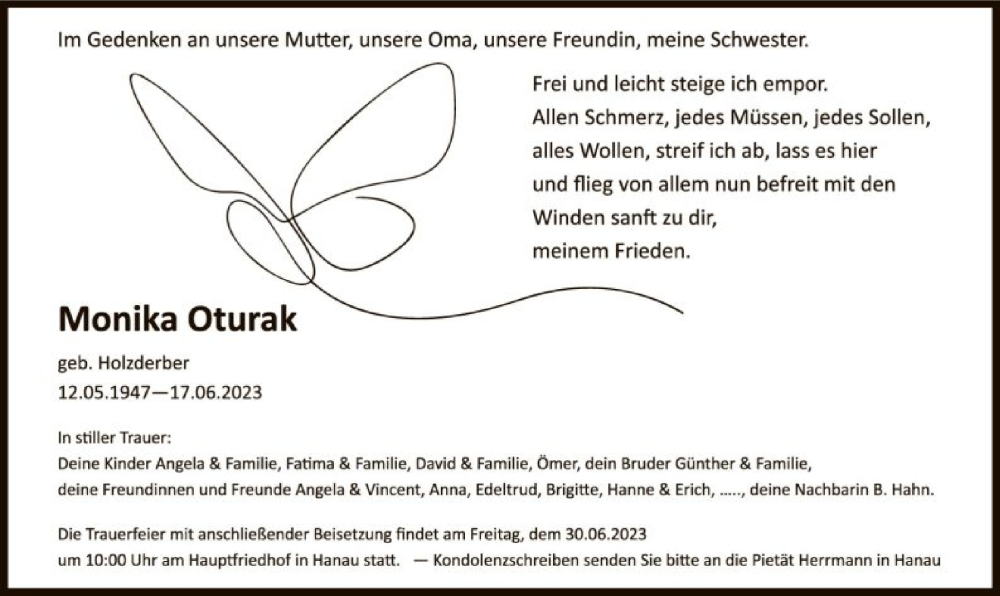  Traueranzeige für Monika Oturak vom 27.06.2023 aus OF