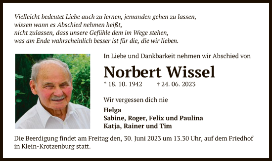 Traueranzeige von Norbert Wissel von OF