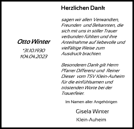 Traueranzeige von Otto Winter von OF