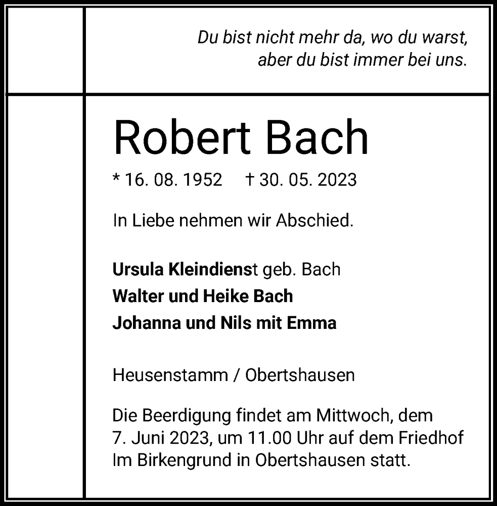  Traueranzeige für Robert Bach vom 03.06.2023 aus OF