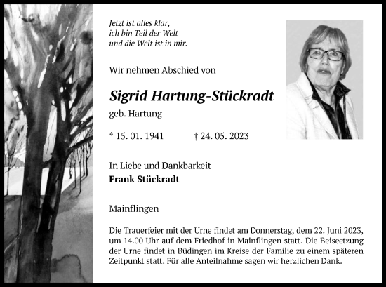 Traueranzeige von Sigrid Hartung-Stückradt von OF