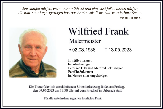 Traueranzeige von Wilfried Frank von OF