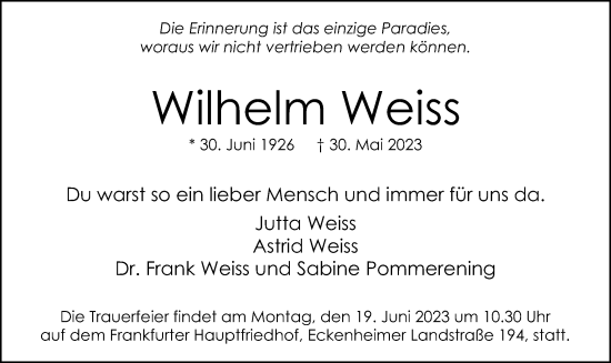 Traueranzeige von Wilhelm Weiss von OF
