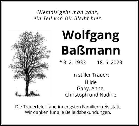 Traueranzeige von Wolfgang Baßmann von OF