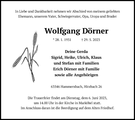 Traueranzeige von Wolfgang Dörner von OF