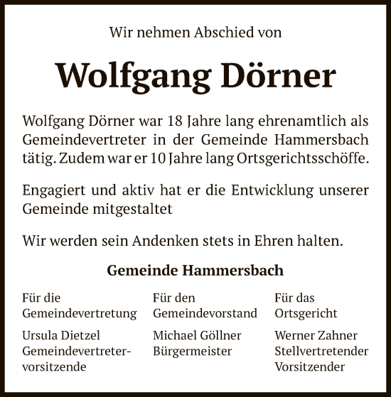 Traueranzeige von Wolfgang Dörner von OF