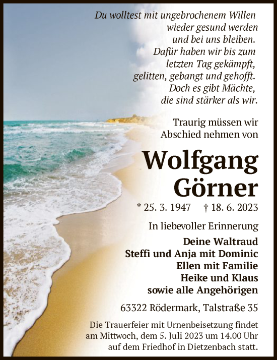 Traueranzeige von Wolfgang Görner von OF