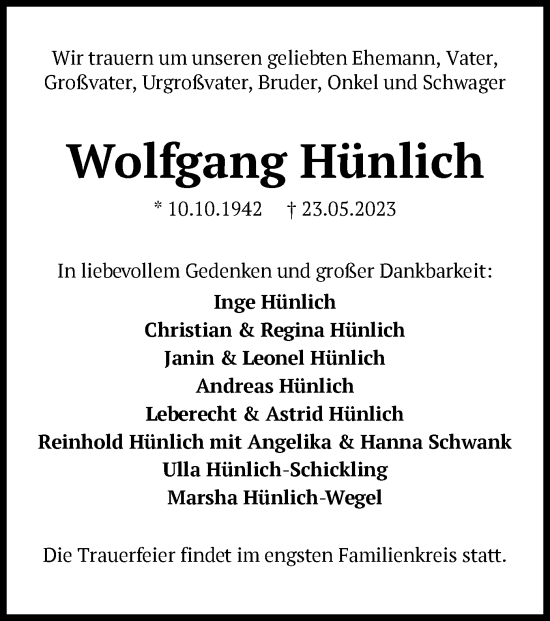 Traueranzeige von Wolfgang Hünlich von OF