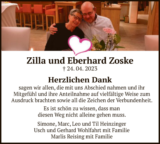 Traueranzeige von Zilla und Eberhard Zoske von OF