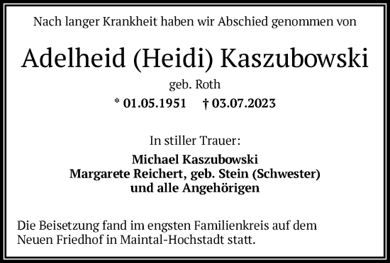 Traueranzeige von Adelheid  Kaszubowski von OF