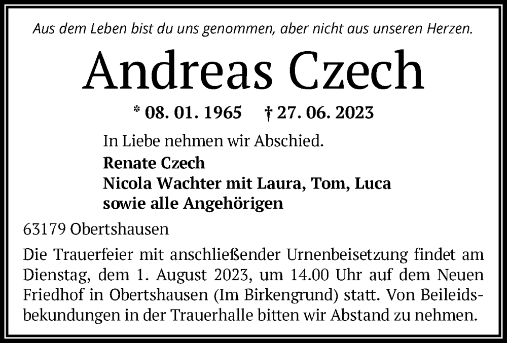  Traueranzeige für Andreas Czech vom 26.07.2023 aus OF