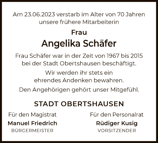 Traueranzeige von Angelika Schäfer von OF