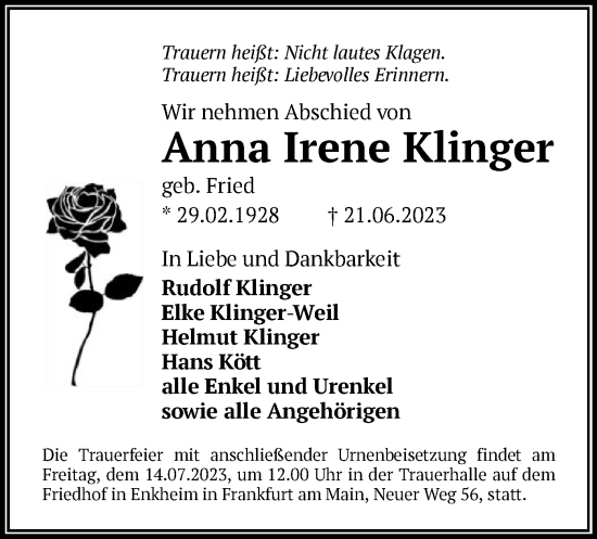 Traueranzeige von Anna Irene Klinger von OF