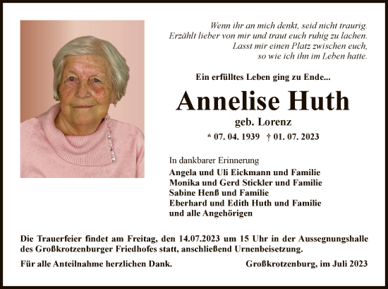 Traueranzeige von Annelise Huth von OF