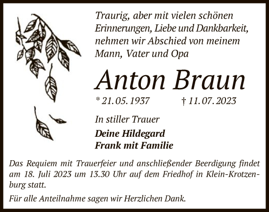 Traueranzeige von Anton Braun von OF