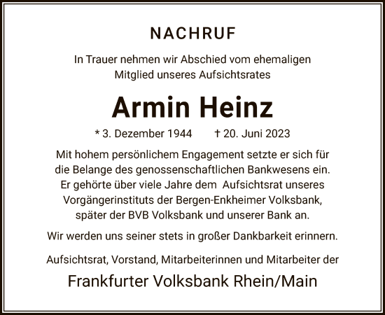 Traueranzeige von Armin Heinz von OF