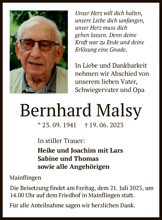 Traueranzeige von Bernhard Malsy von OF