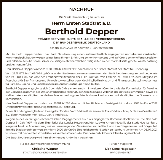 Traueranzeige von Berthold Depper von OF