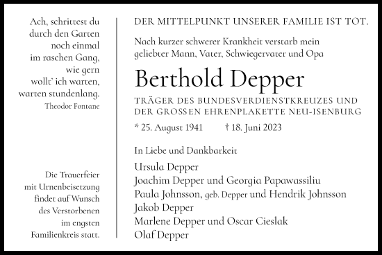 Traueranzeige von Berthold Depper von OF