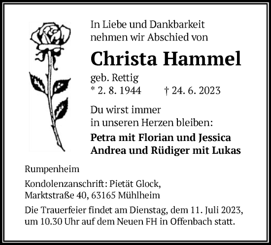 Traueranzeige von Christa Hammel von OF