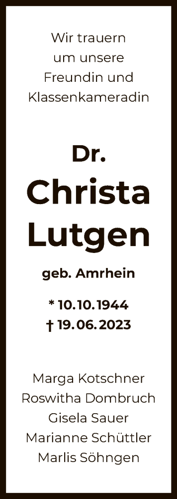 Traueranzeige von Christa Lutgen von OF