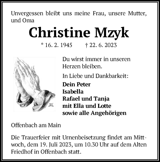 Traueranzeige von Christine Mzyk von OF