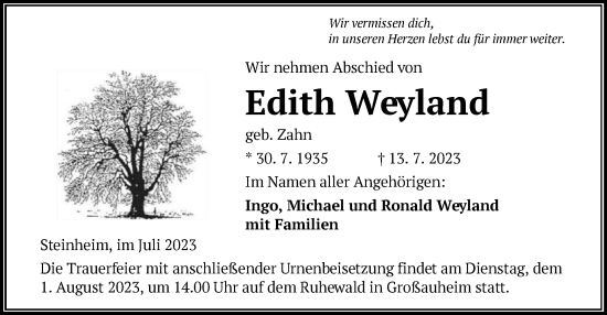 Traueranzeige von Edith Weyland von OF