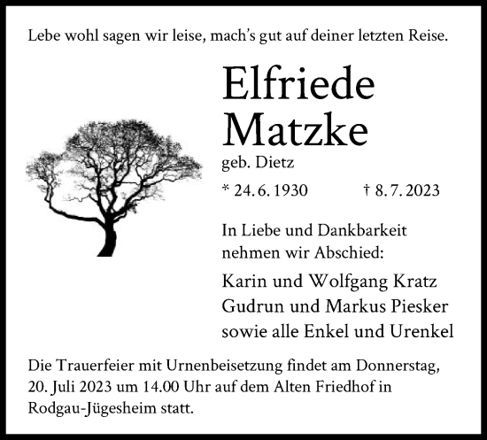 Traueranzeige von Elfriede Matzke von OF