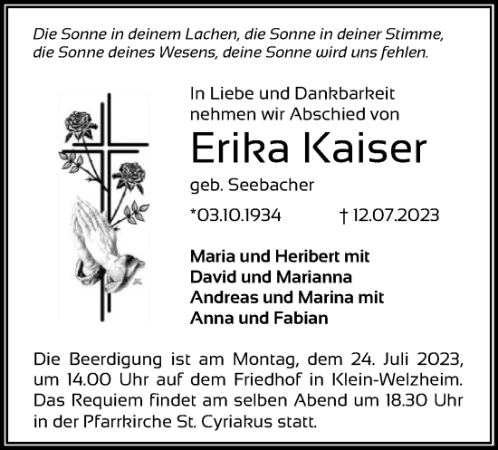 Traueranzeige von Erika Kaiser von OF