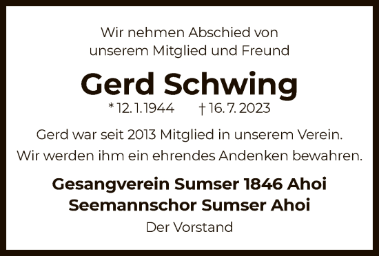 Traueranzeige von Gerd Schwing von OF