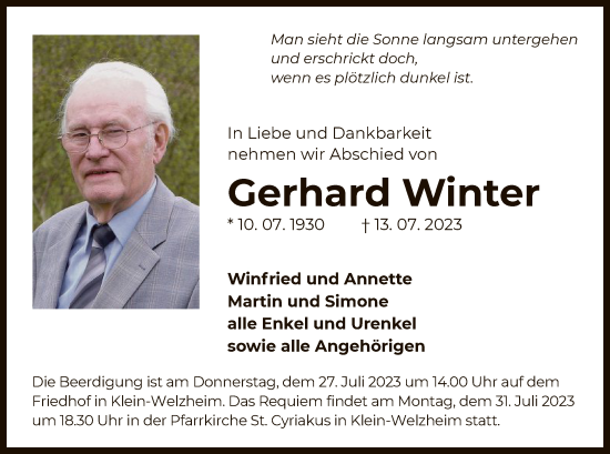 Traueranzeige von Gerhard Winter von OF