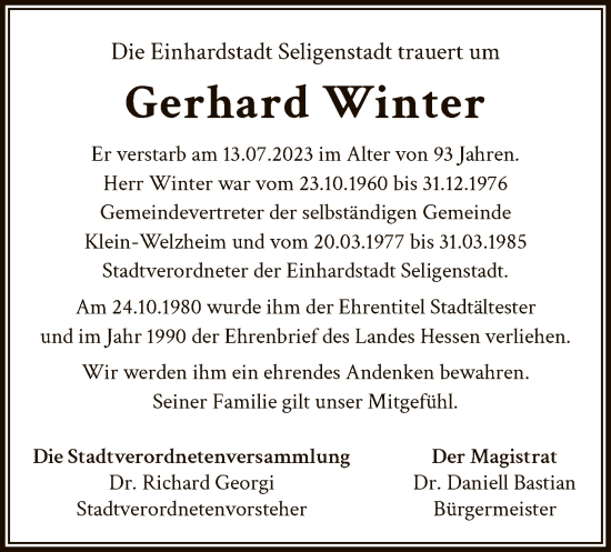 Traueranzeige von Gerhard Winter von OF