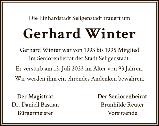 Traueranzeige von Gerhard Winter von OF