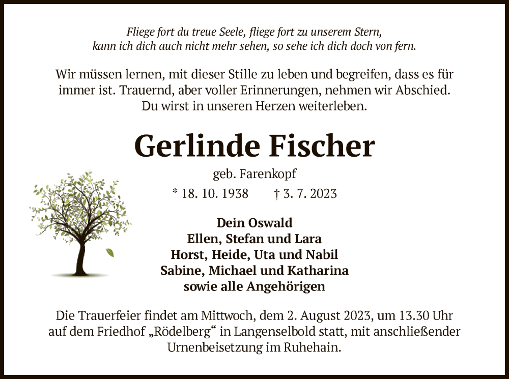  Traueranzeige für Gerlinde Fischer vom 22.07.2023 aus OF