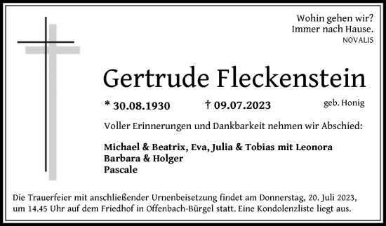 Traueranzeige von Gertrude Fleckenstein von OF