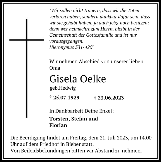 Traueranzeige von Gisela Oelke von OF