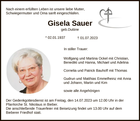 Traueranzeige von Gisela Sauer von OF