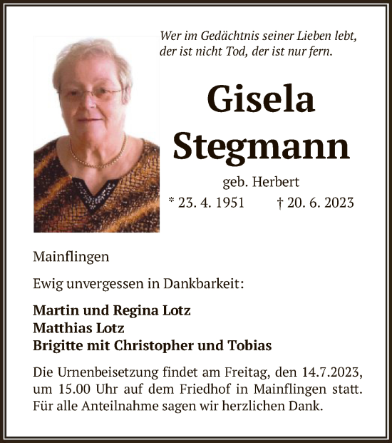 Traueranzeige von Gisela Stegmann von OF