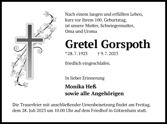 Traueranzeige von Gretel Gorspoth von OF