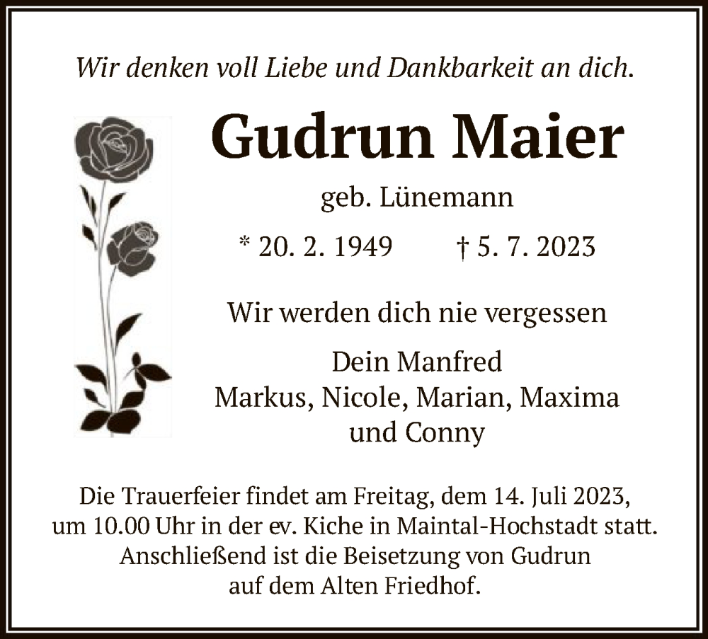  Traueranzeige für Gudrun Maier vom 08.07.2023 aus OF