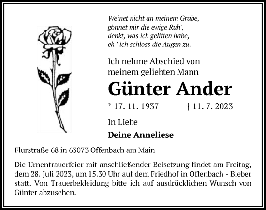 Traueranzeige von Günter Ander von OF