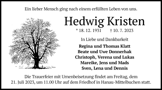 Traueranzeige von Hedwig Kristen von OF