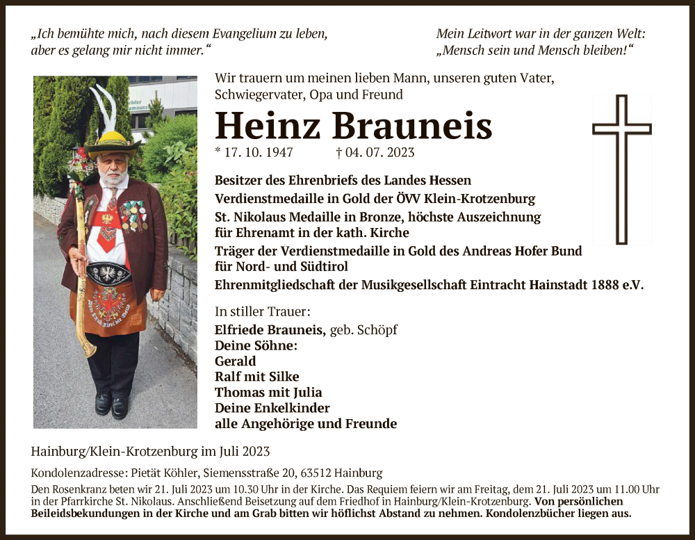  Traueranzeige für Heinz Brauneis vom 15.07.2023 aus OF