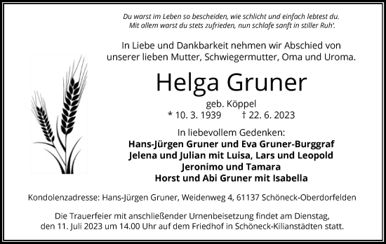 Traueranzeige von Helga Gruner von OF