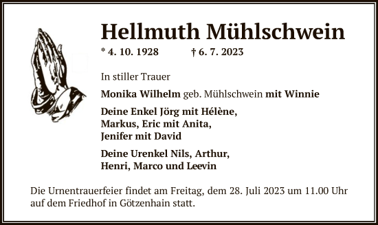 Traueranzeige von Hellmuth Mühlschwein von OF