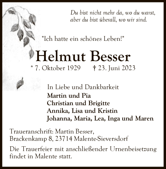 Traueranzeige von Helmut Besser von OF