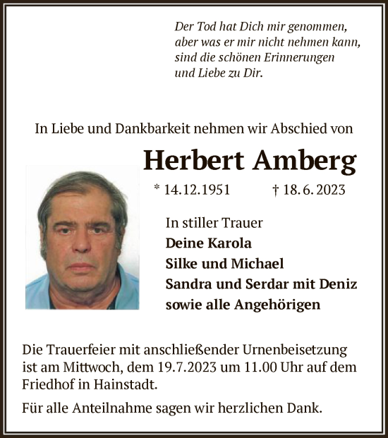 Traueranzeige von Herbert Amberg von OF