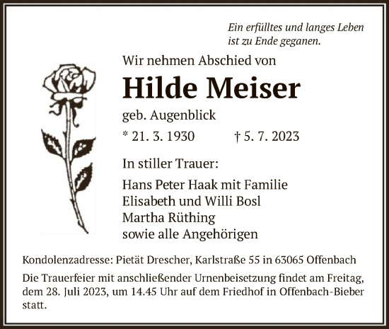 Traueranzeige von Hilde Meiser von OF