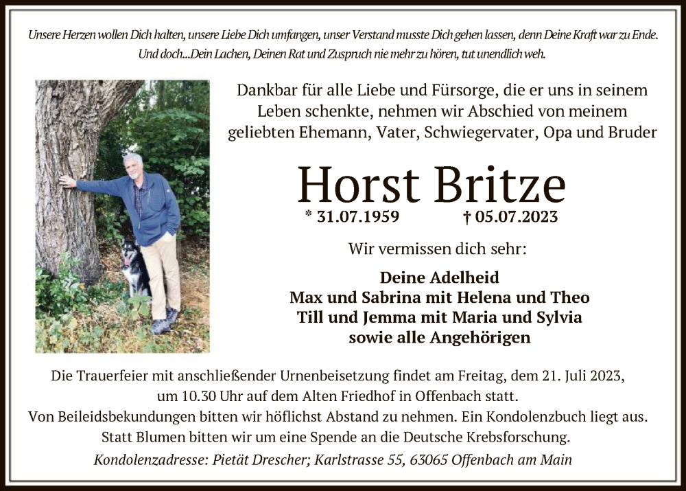  Traueranzeige für Horst Britze vom 15.07.2023 aus OF