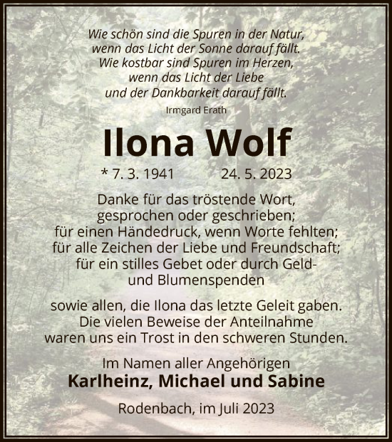 Traueranzeige von Ilona Wolf von OF